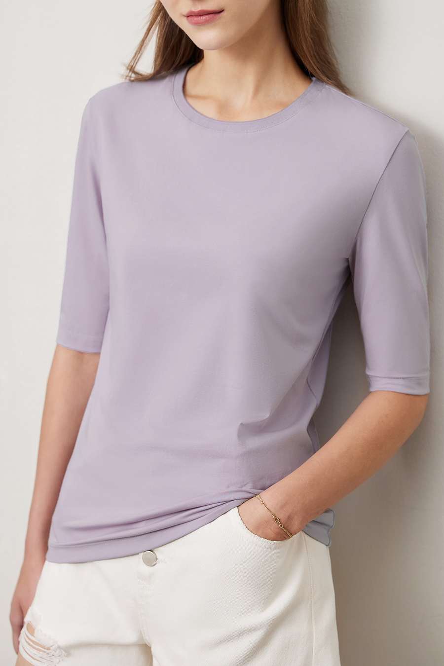 Crew Neck Three-quarter Sleeve Stretch Cotton T-shirt|AMII