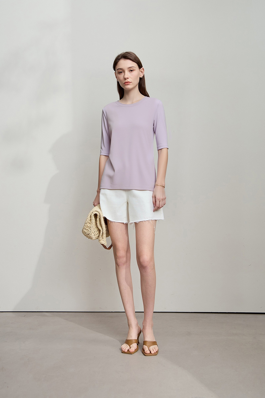 Crew Neck Three-quarter Sleeve Stretch Cotton T-shirt|AMII