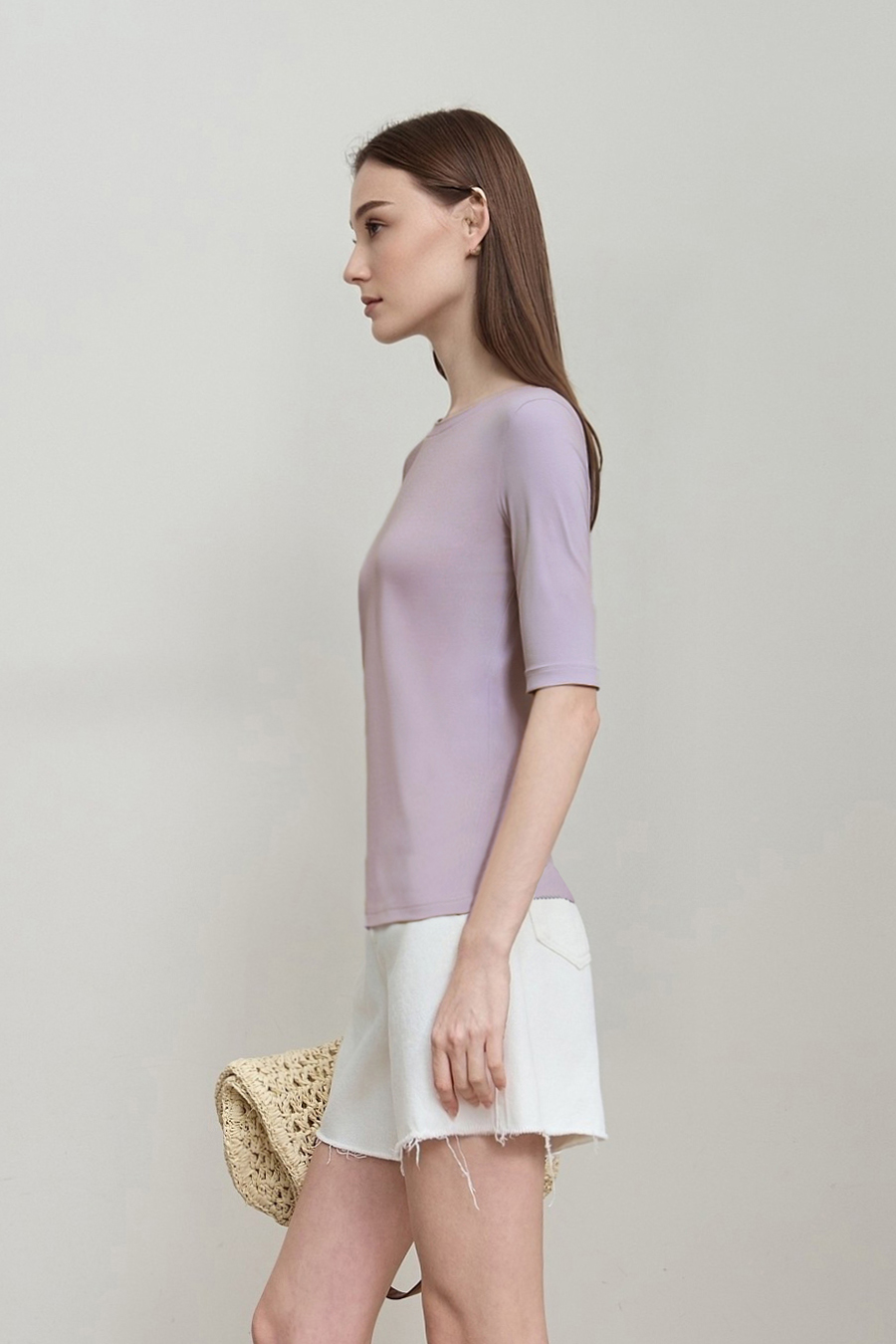 Crew Neck Three-quarter Sleeve Stretch Cotton T-shirt|AMII