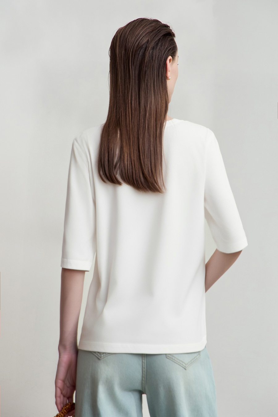 Crew Neck Three-quarter Sleeve Stretch Cotton T-shirt|AMII
