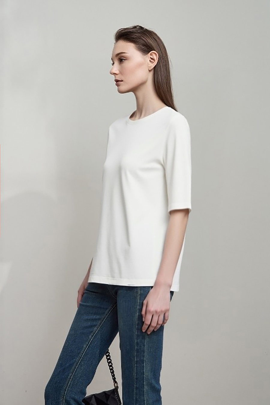 Crew Neck Three-quarter Sleeve Stretch Cotton T-shirt|AMII