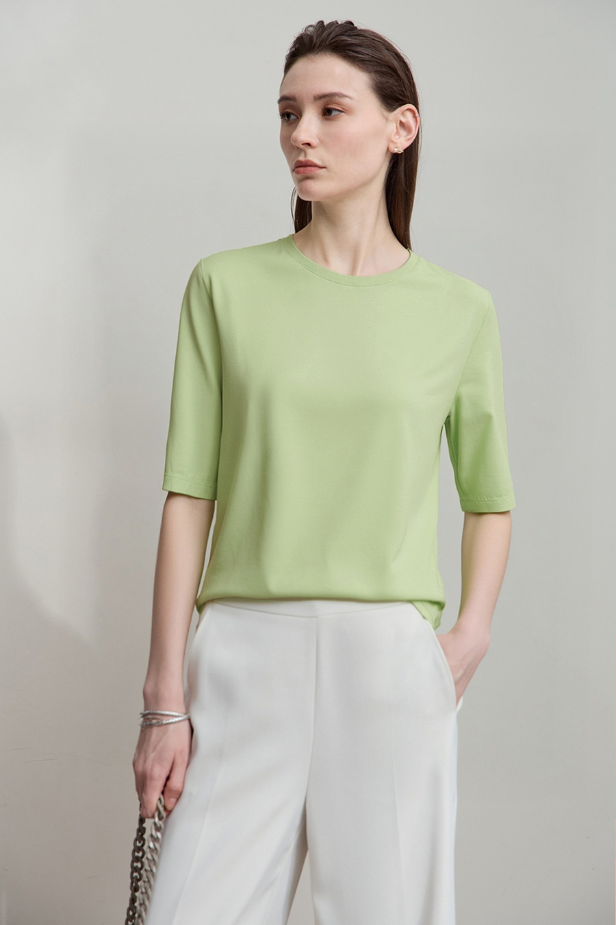 Crew Neck Three-quarter Sleeve Stretch Cotton T-shirt|AMII