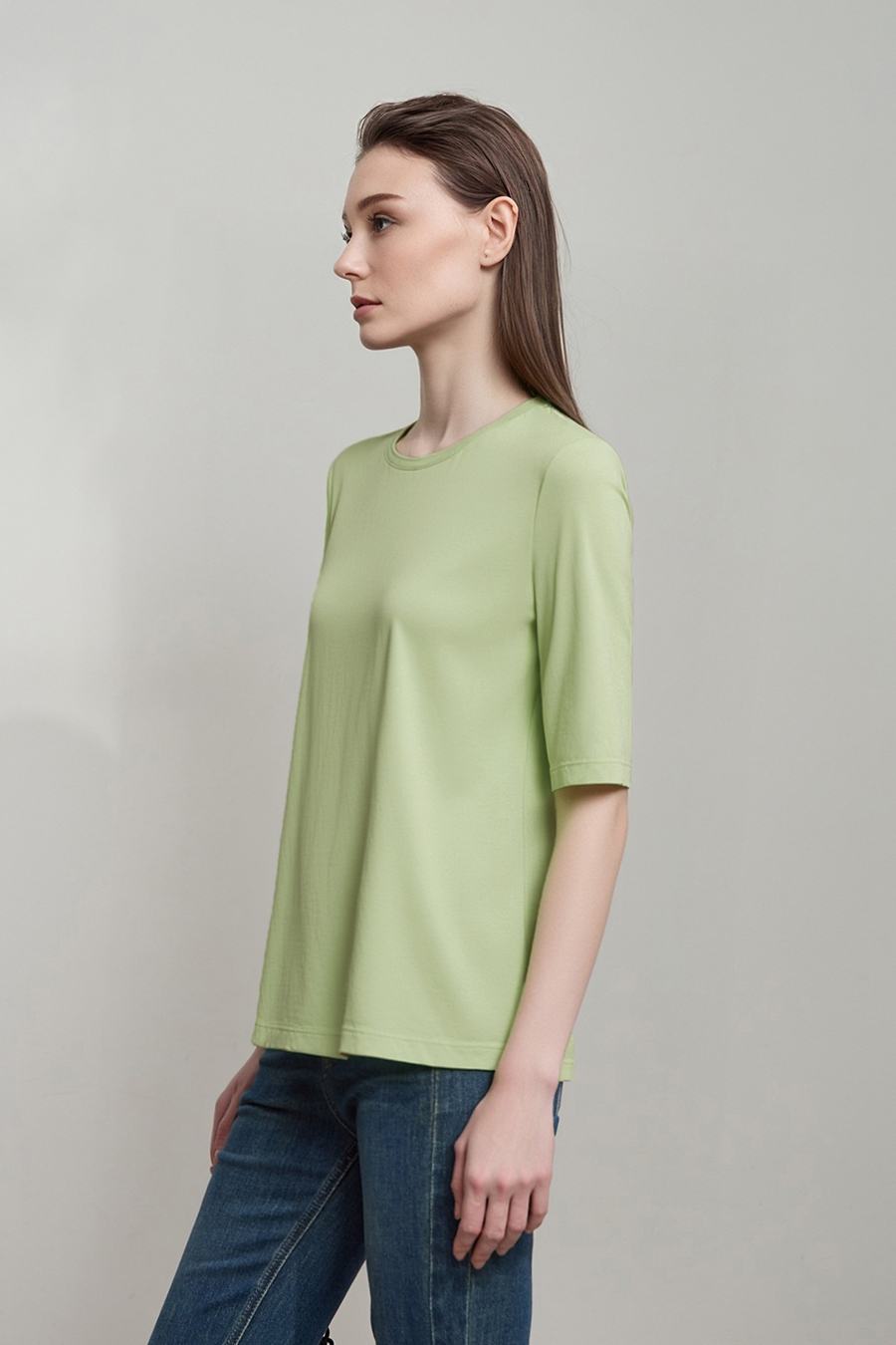 Crew Neck Three-quarter Sleeve Stretch Cotton T-shirt|AMII