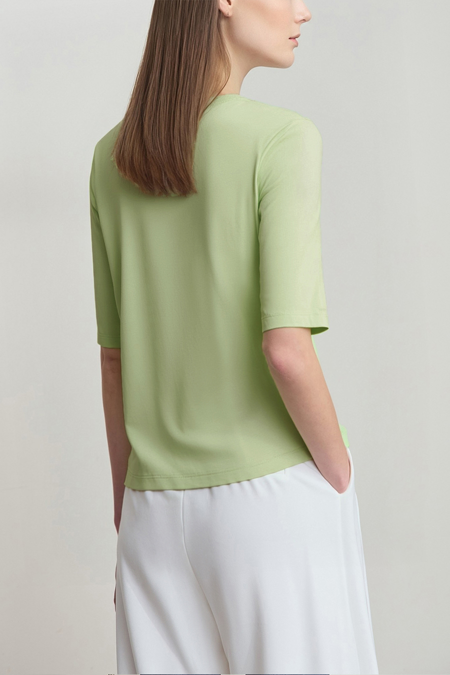 Crew Neck Three-quarter Sleeve Stretch Cotton T-shirt|AMII