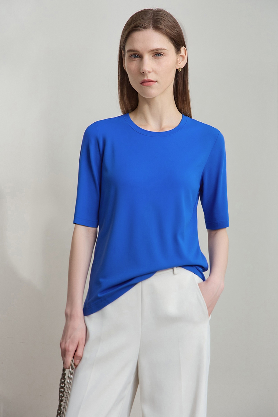 Crew Neck Three-quarter Sleeve Stretch Cotton T-shirt|AMII
