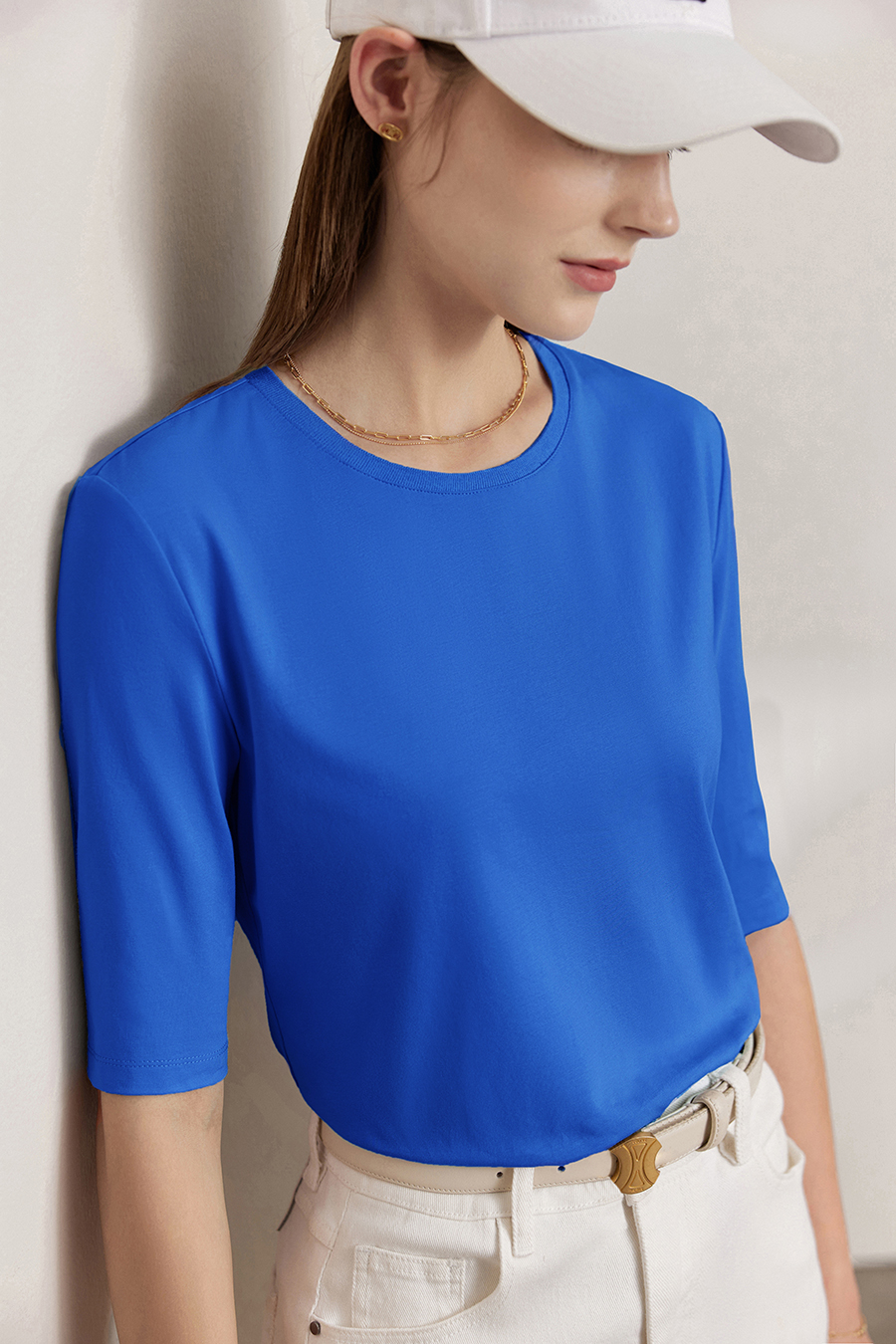 Crew Neck Three-quarter Sleeve Stretch Cotton T-shirt|AMII