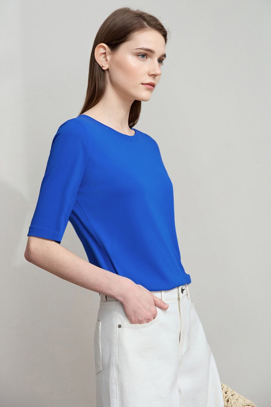 Crew Neck Three-quarter Sleeve Stretch Cotton T-shirt|AMII