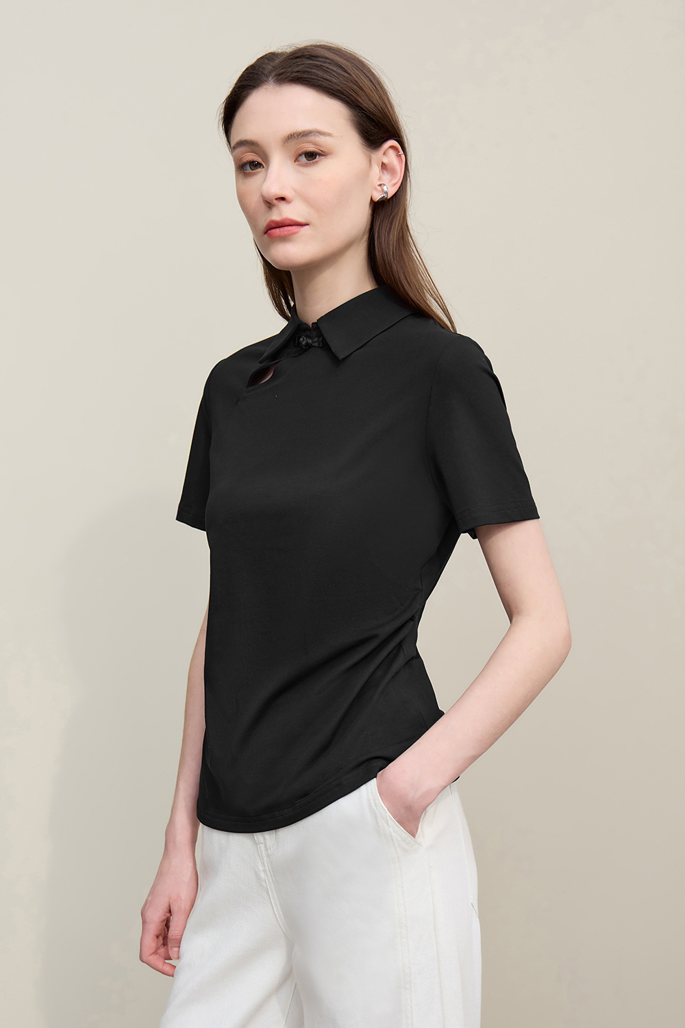 Lapel Frog Button Cotton Stretch T-shirt