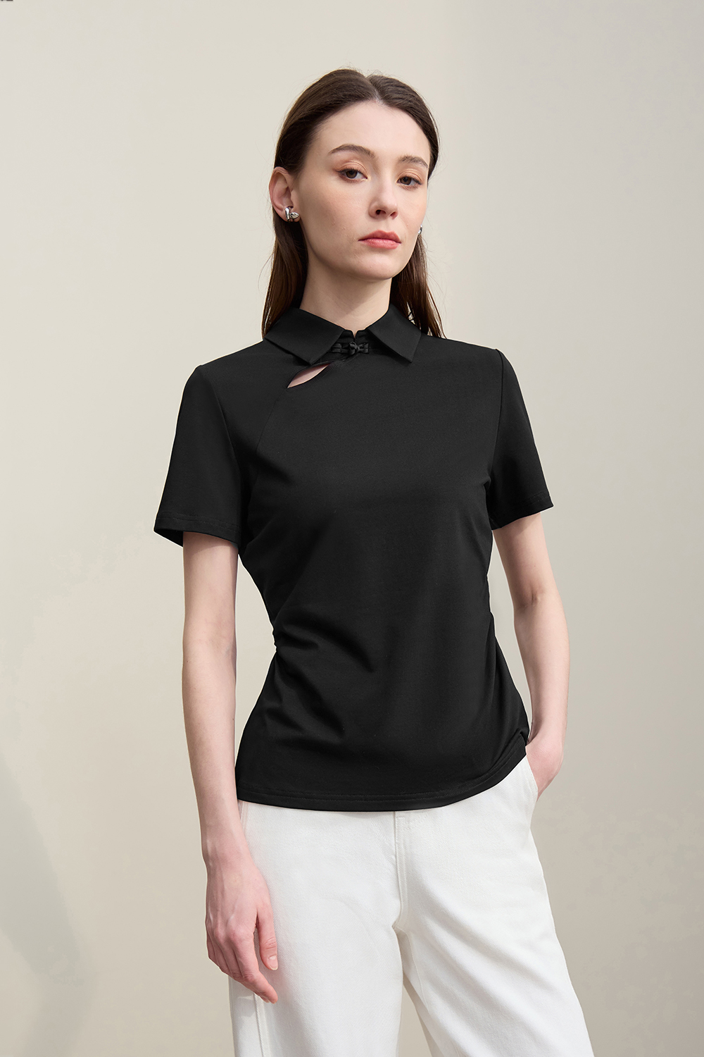 Lapel Frog Button Cotton Stretch T-shirt