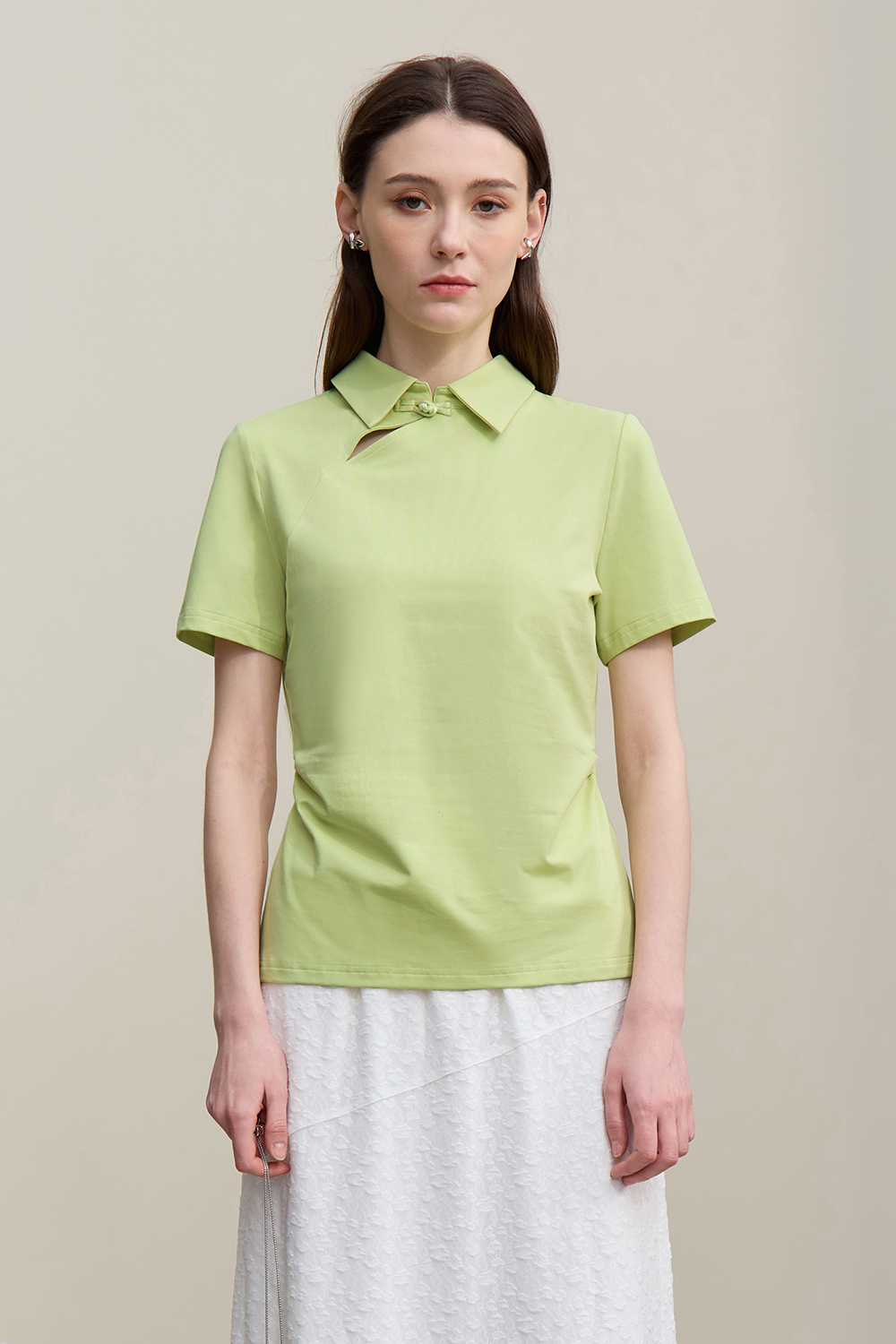 Lapel Frog Button Cotton Stretch T-shirt