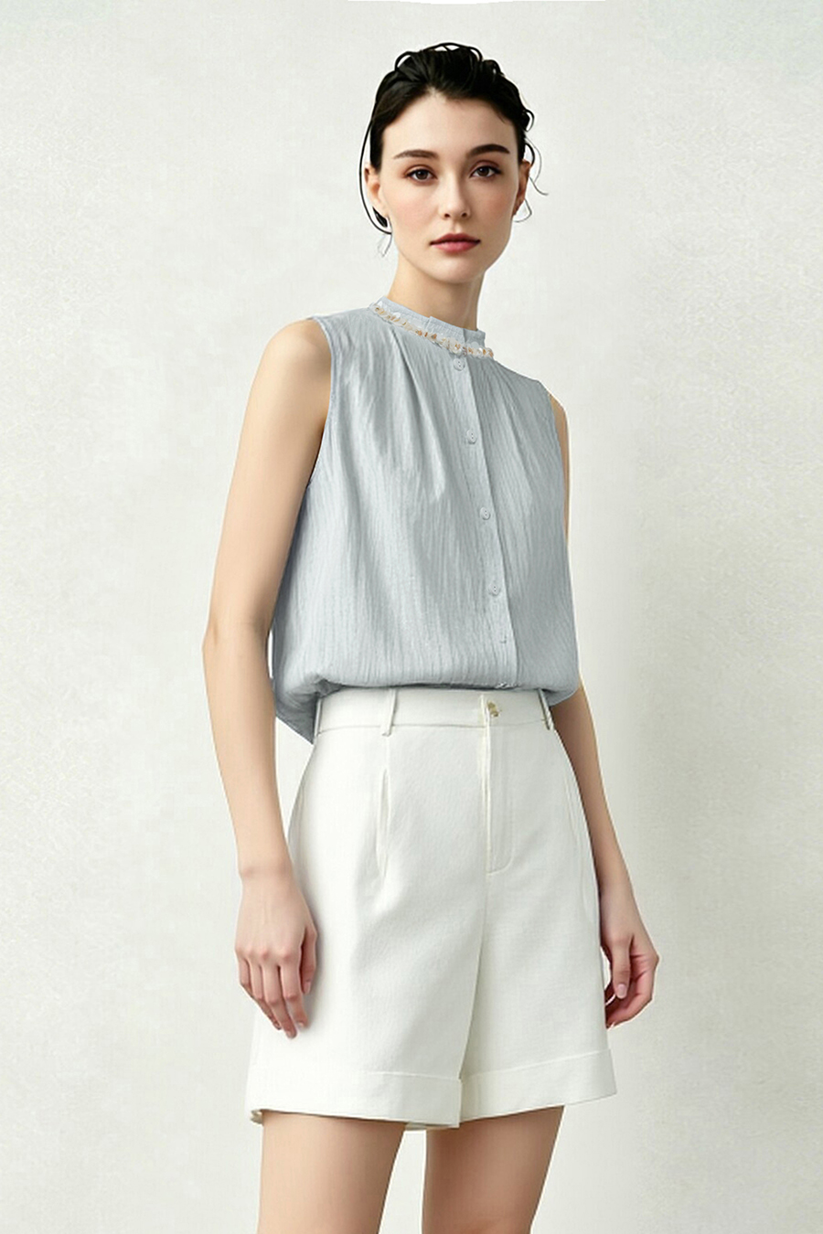 Tweed-style acetate sleeveless blouse|AMII