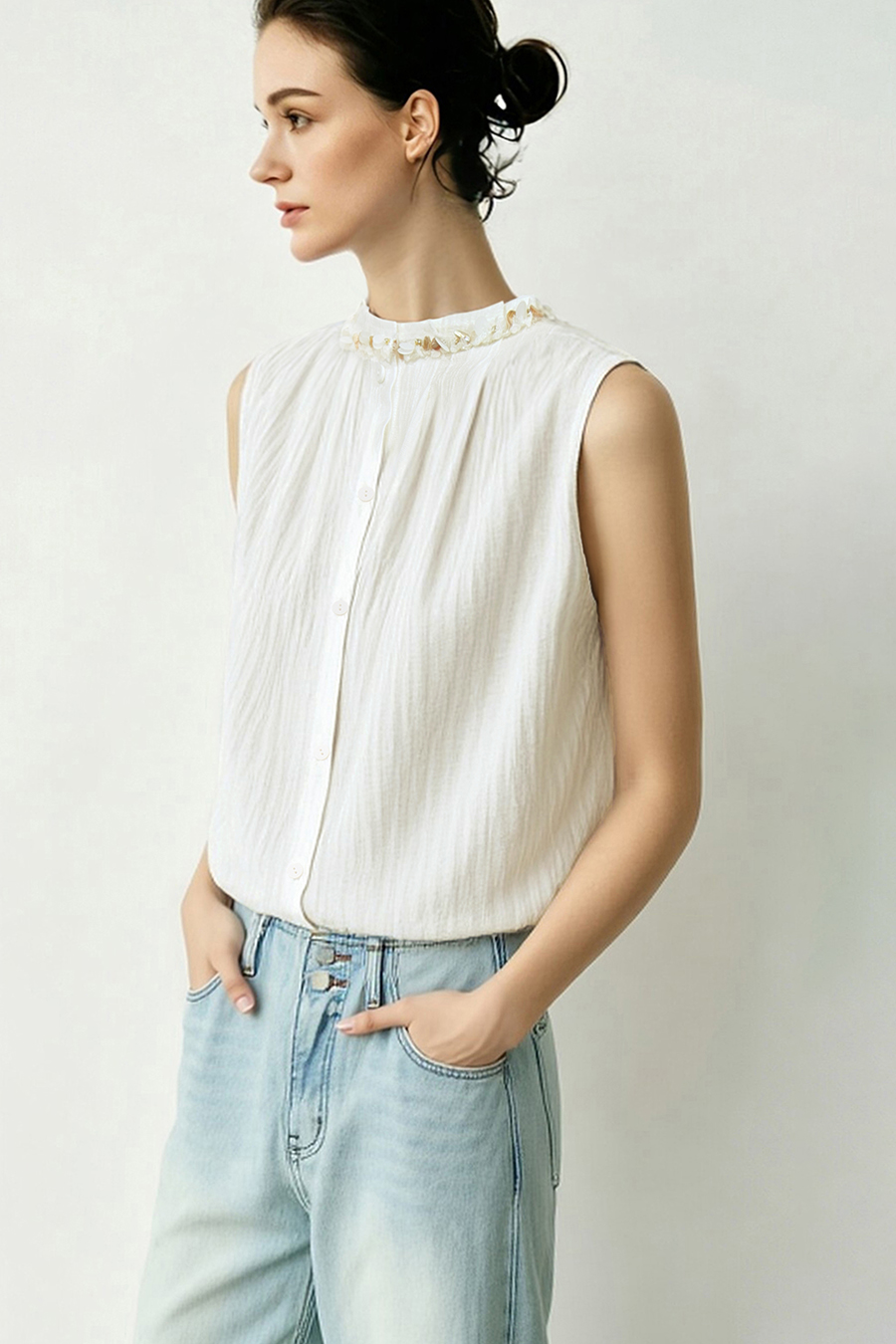 Tweed-style acetate sleeveless blouse|AMII