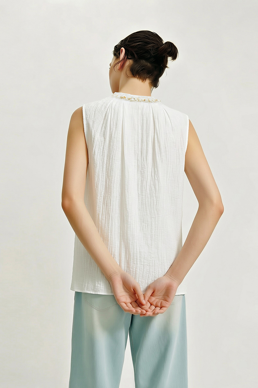 Tweed-style acetate sleeveless blouse|AMII