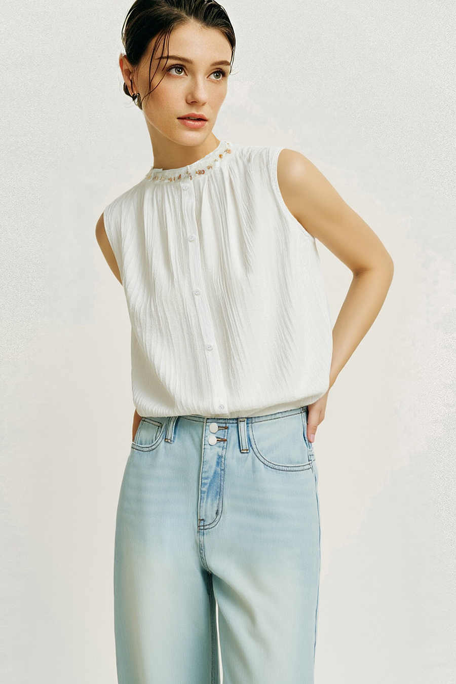 Tweed-style acetate sleeveless blouse|AMII