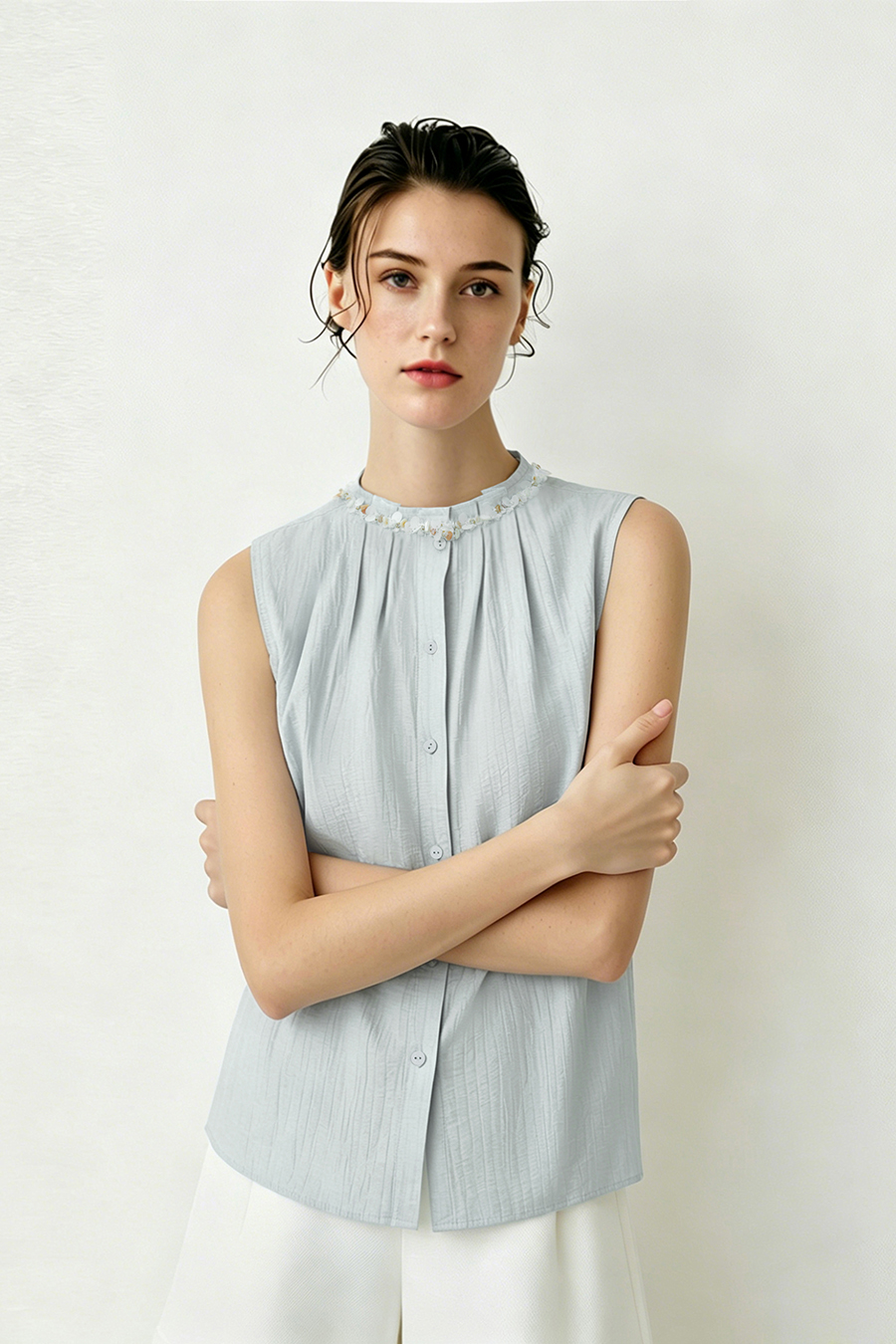 Tweed-style acetate sleeveless blouse|AMII