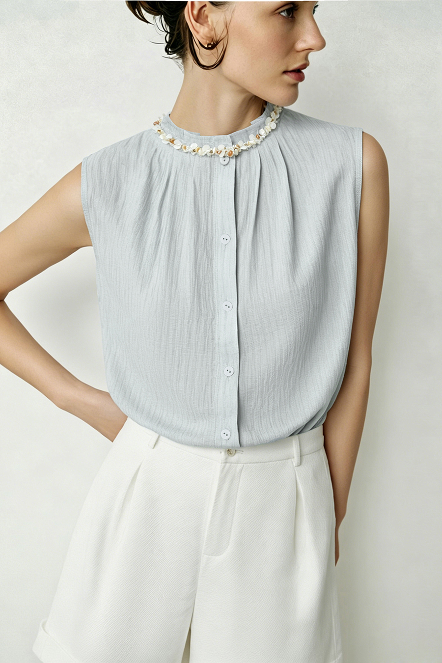 Tweed-style acetate sleeveless blouse|AMII