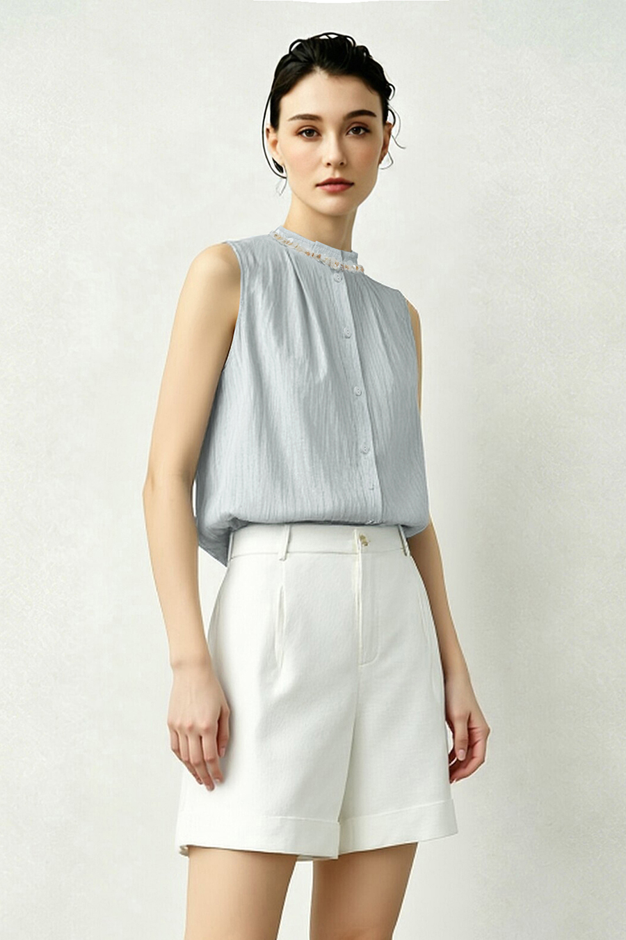 Tweed-style acetate sleeveless blouse|AMII
