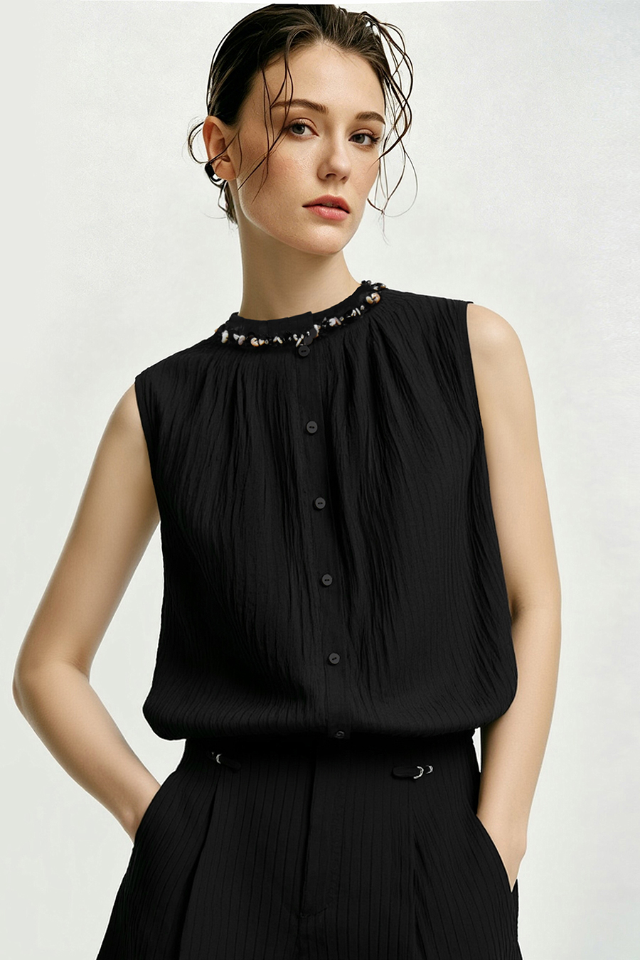 Tweed-style acetate sleeveless blouse|AMII