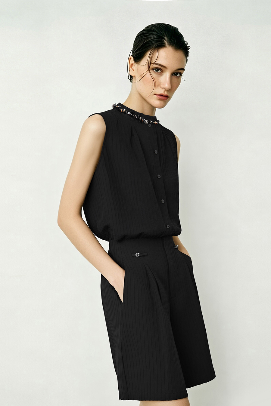 Tweed-style acetate sleeveless blouse|AMII