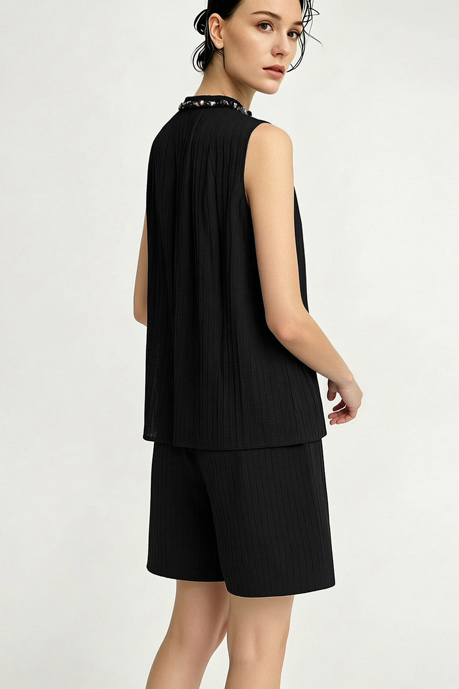 Tweed-style acetate sleeveless blouse|AMII