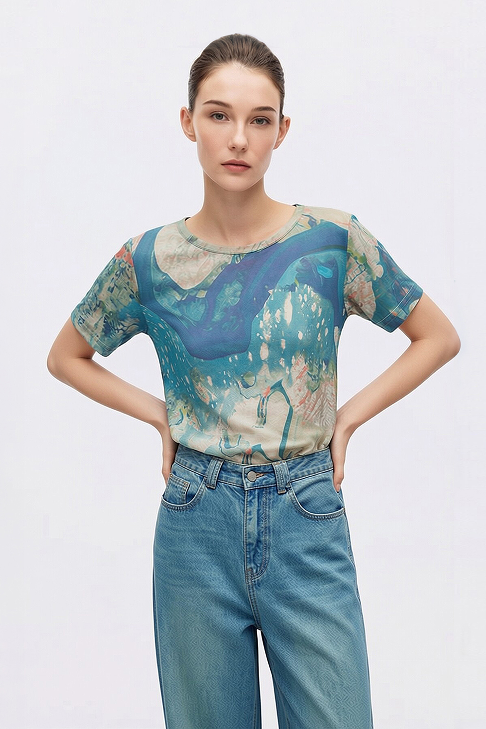 Abstract Print Mesh T-Shirt|AMII