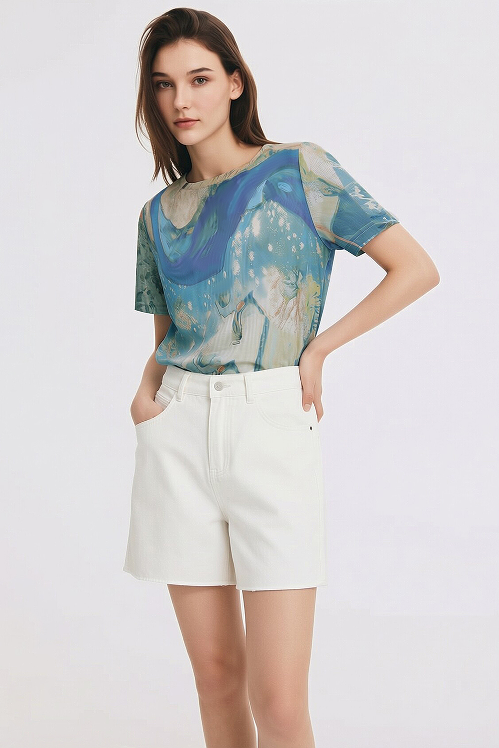 Abstract Print Mesh T-Shirt|AMII