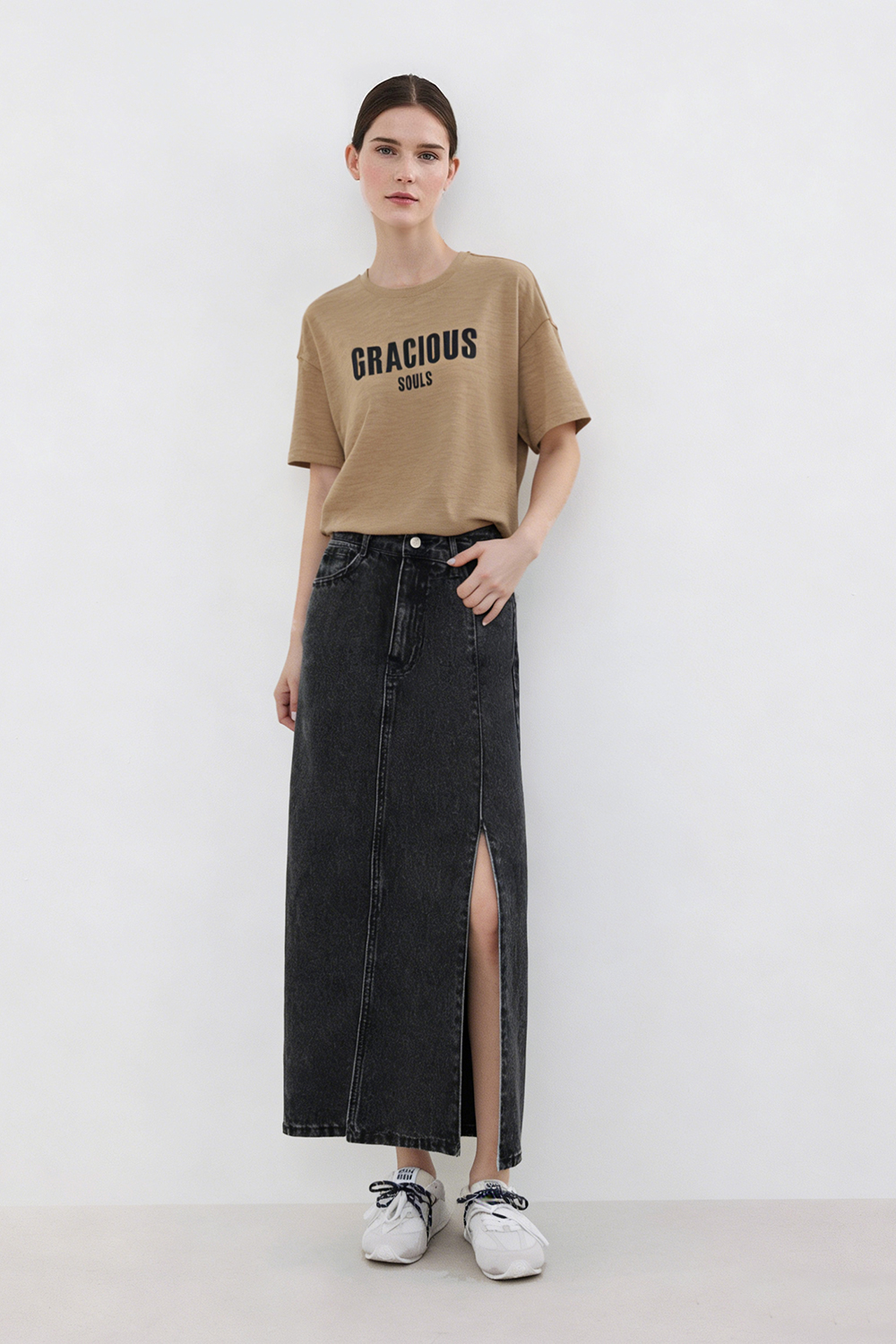 Letter Print Stretch Cotton T-Shirt|AMII