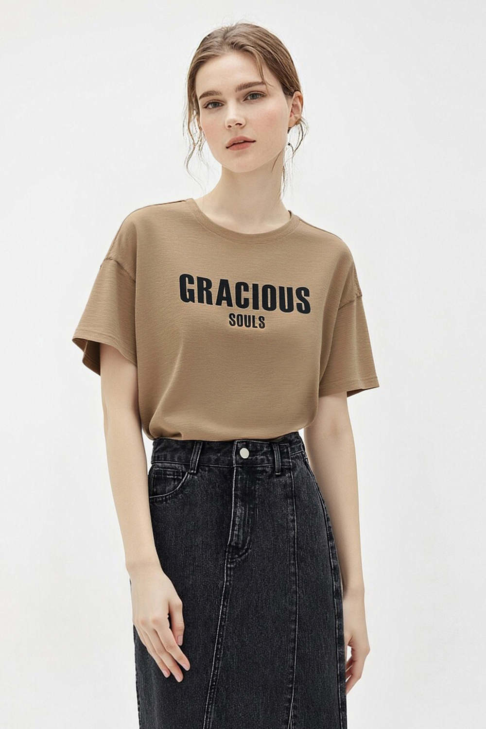 Letter Print Stretch Cotton T-Shirt|AMII