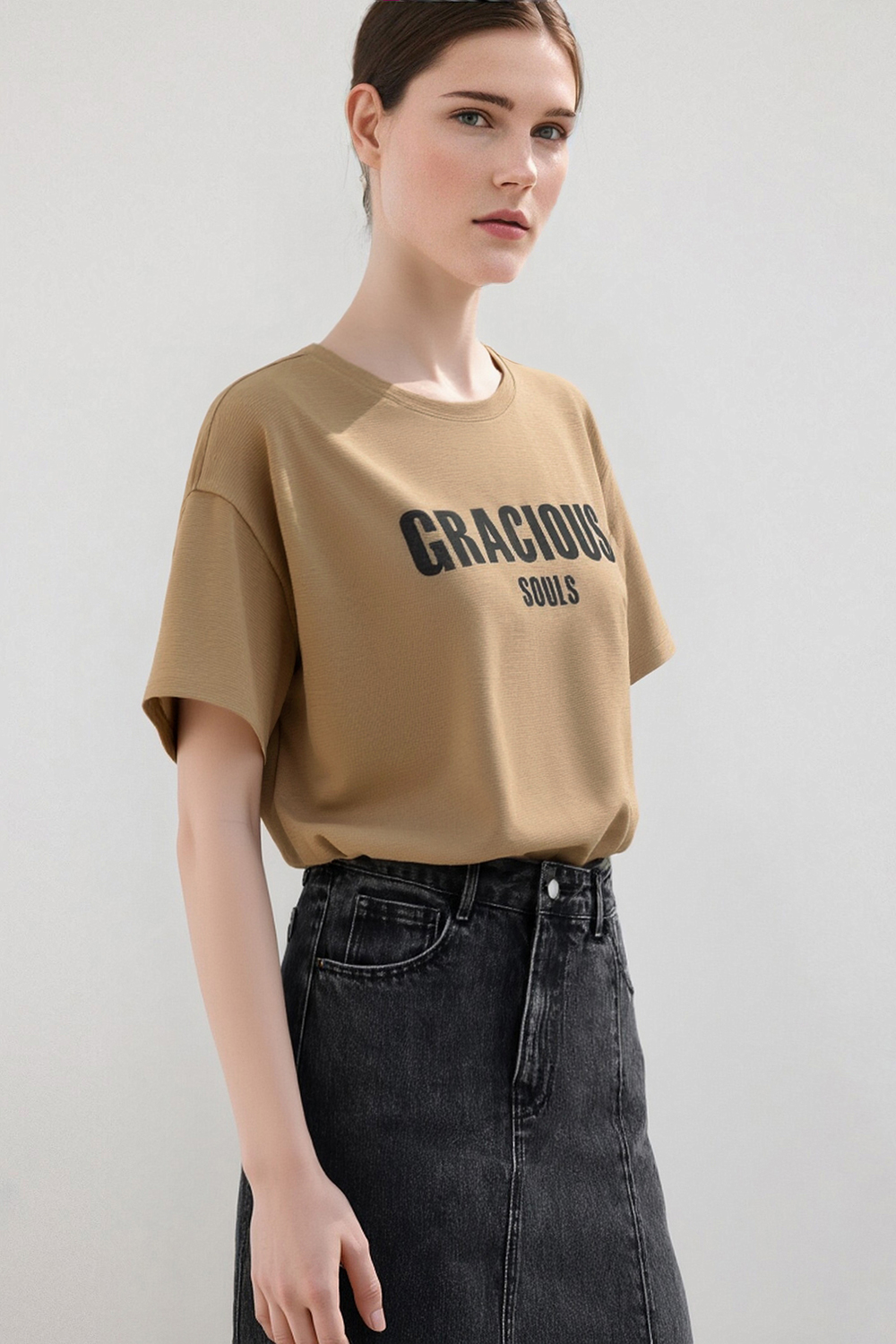 Letter Print Stretch Cotton T-Shirt|AMII