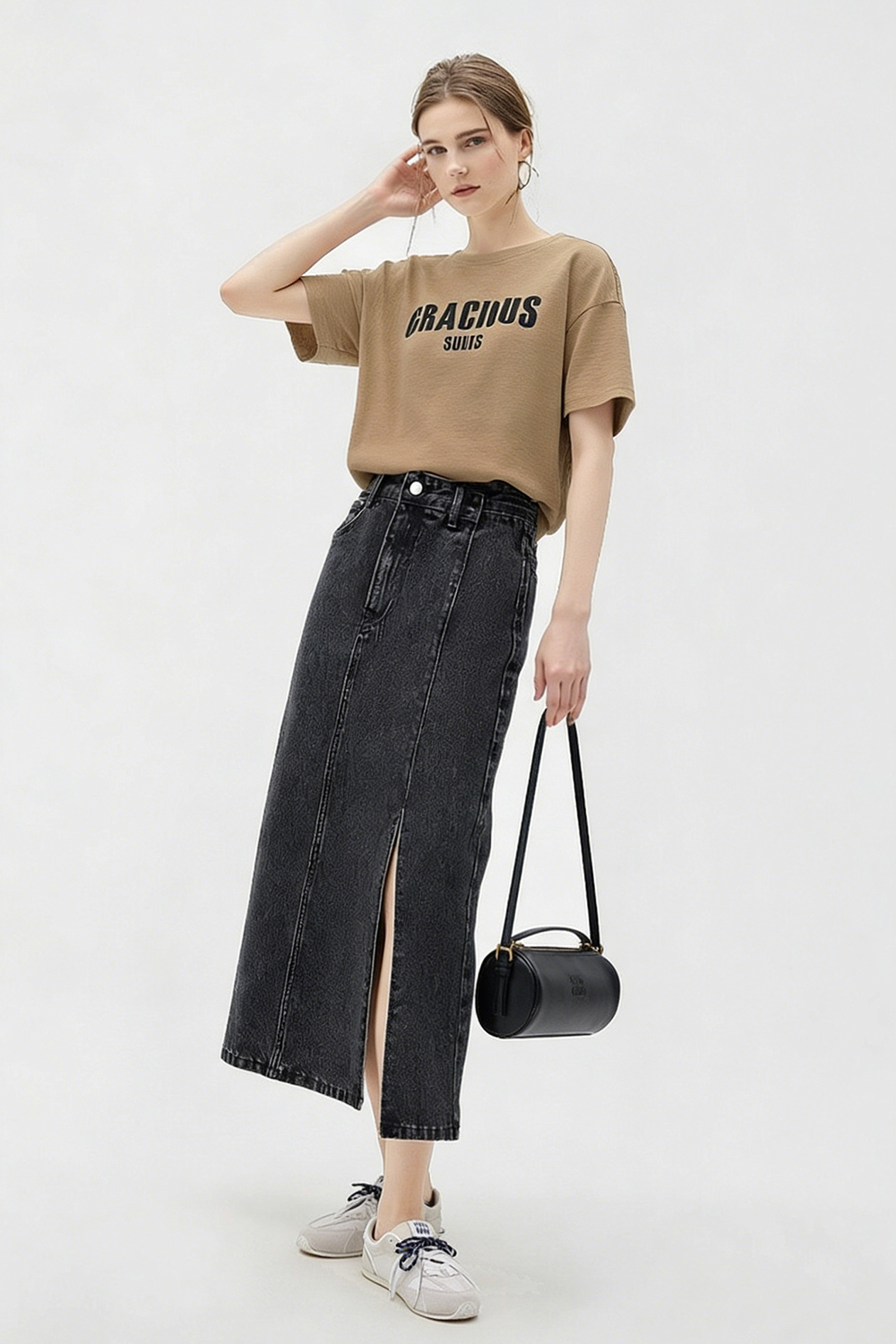 Letter Print Stretch Cotton T-Shirt|AMII