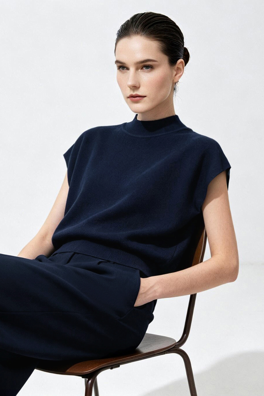 Mock Neck Cap Sleeve Knit Sweater|AMII