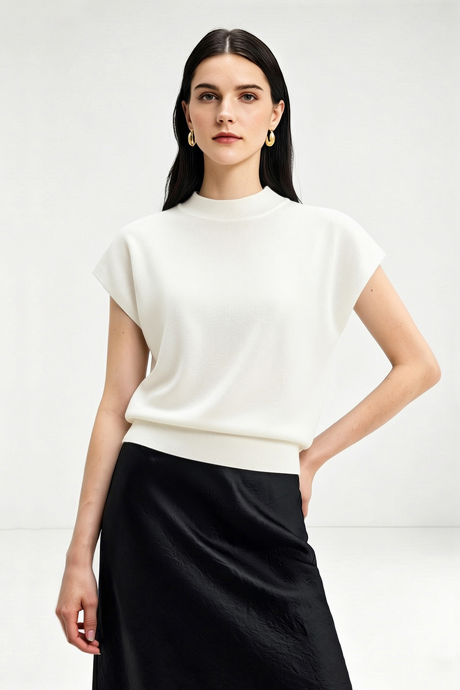Mock Neck Cap Sleeve Knit Sweater|AMII