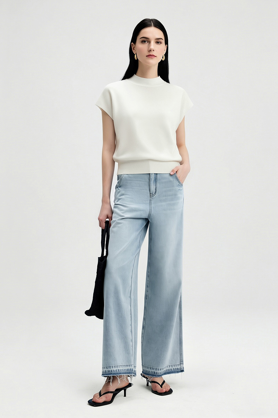Mock Neck Cap Sleeve Knit Sweater|AMII