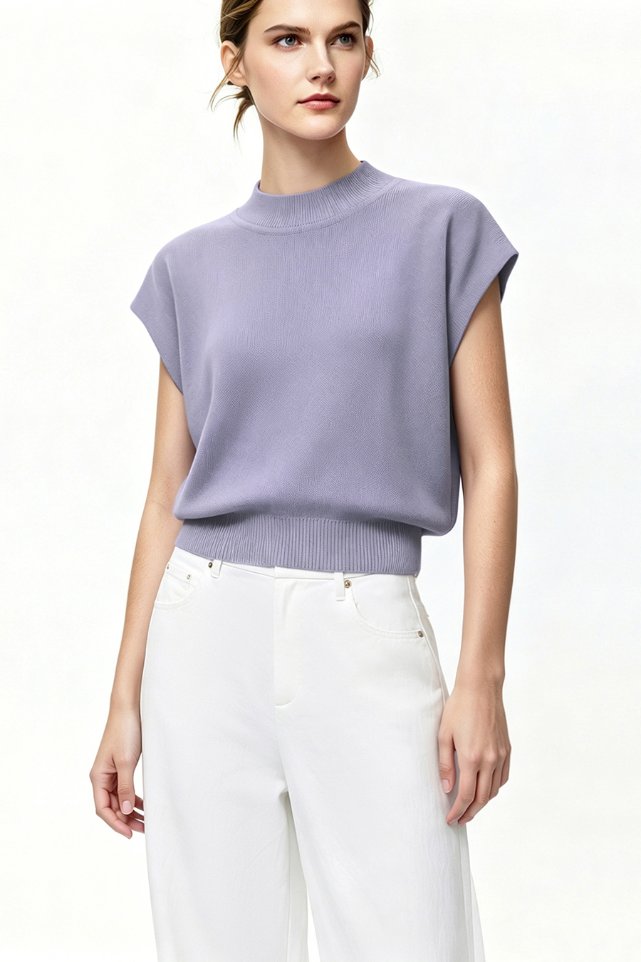 Mock Neck Cap Sleeve Knit Sweater|AMII