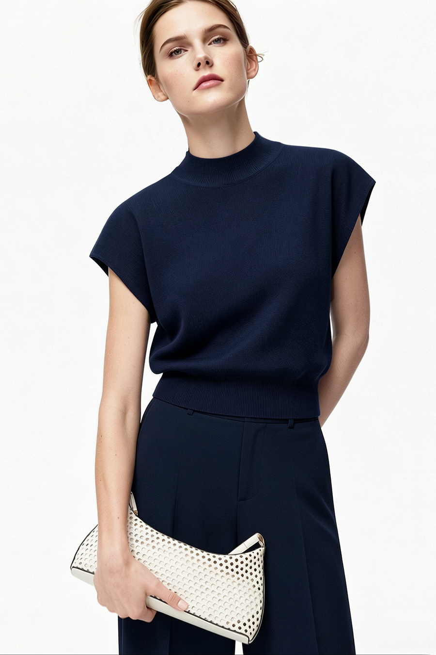 Mock Neck Cap Sleeve Knit Sweater|AMII