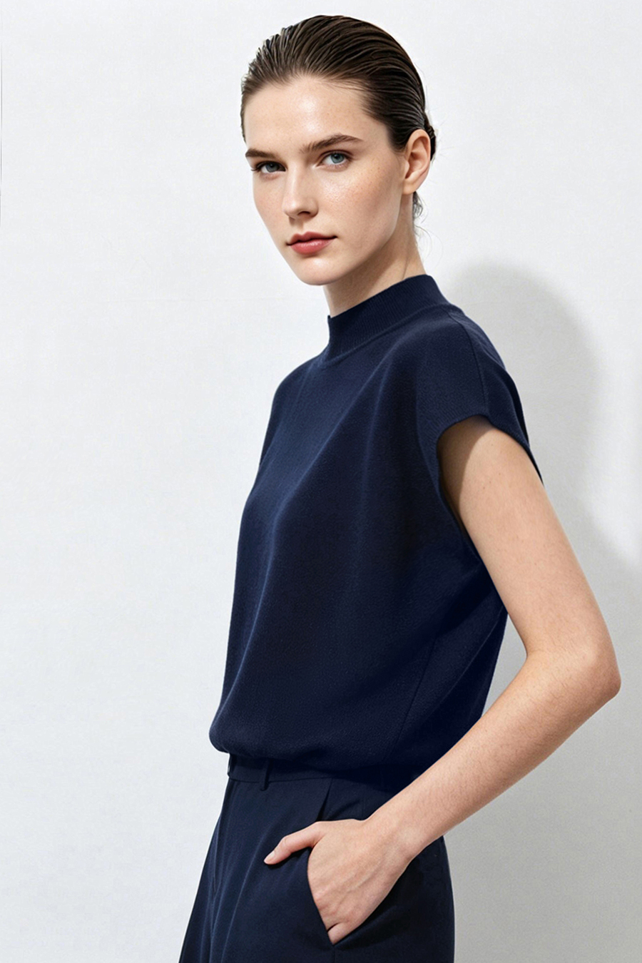 Mock Neck Cap Sleeve Knit Sweater|AMII