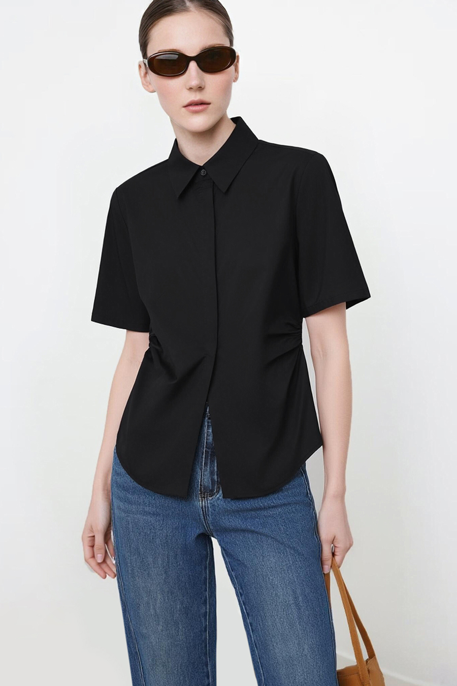 Lapel Ruched Pure Cotton Shirt|AMII