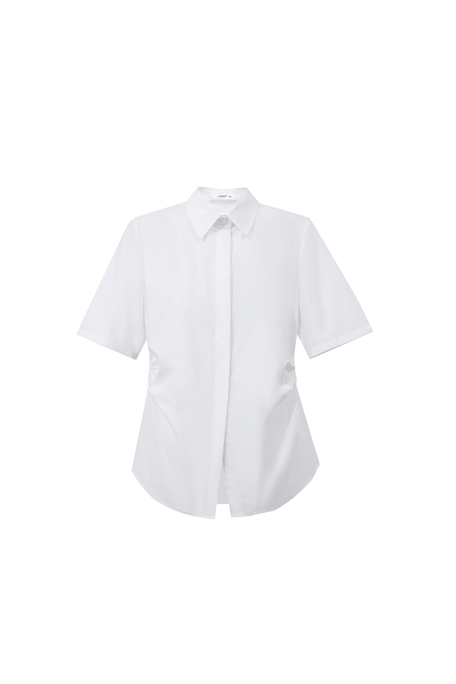 Lapel Ruched Pure Cotton Shirt|AMII