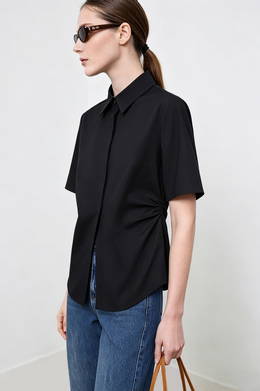 Lapel Ruched Pure Cotton Shirt|AMII