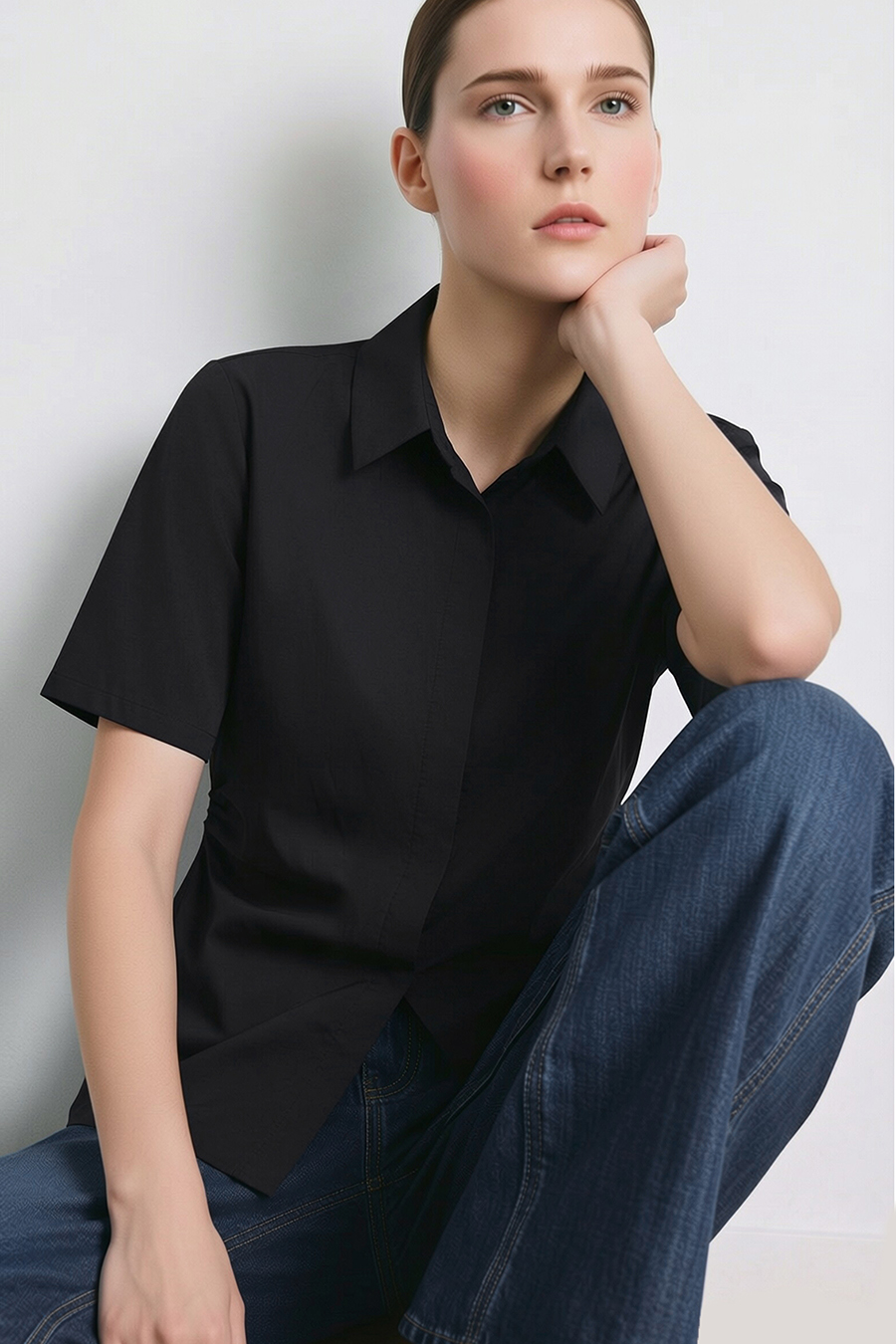 Lapel Ruched Pure Cotton Shirt|AMII