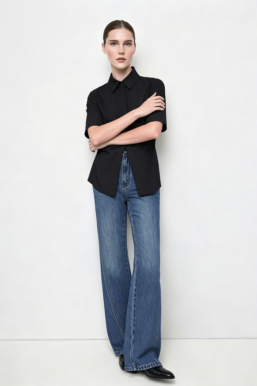 Lapel Ruched Pure Cotton Shirt|AMII