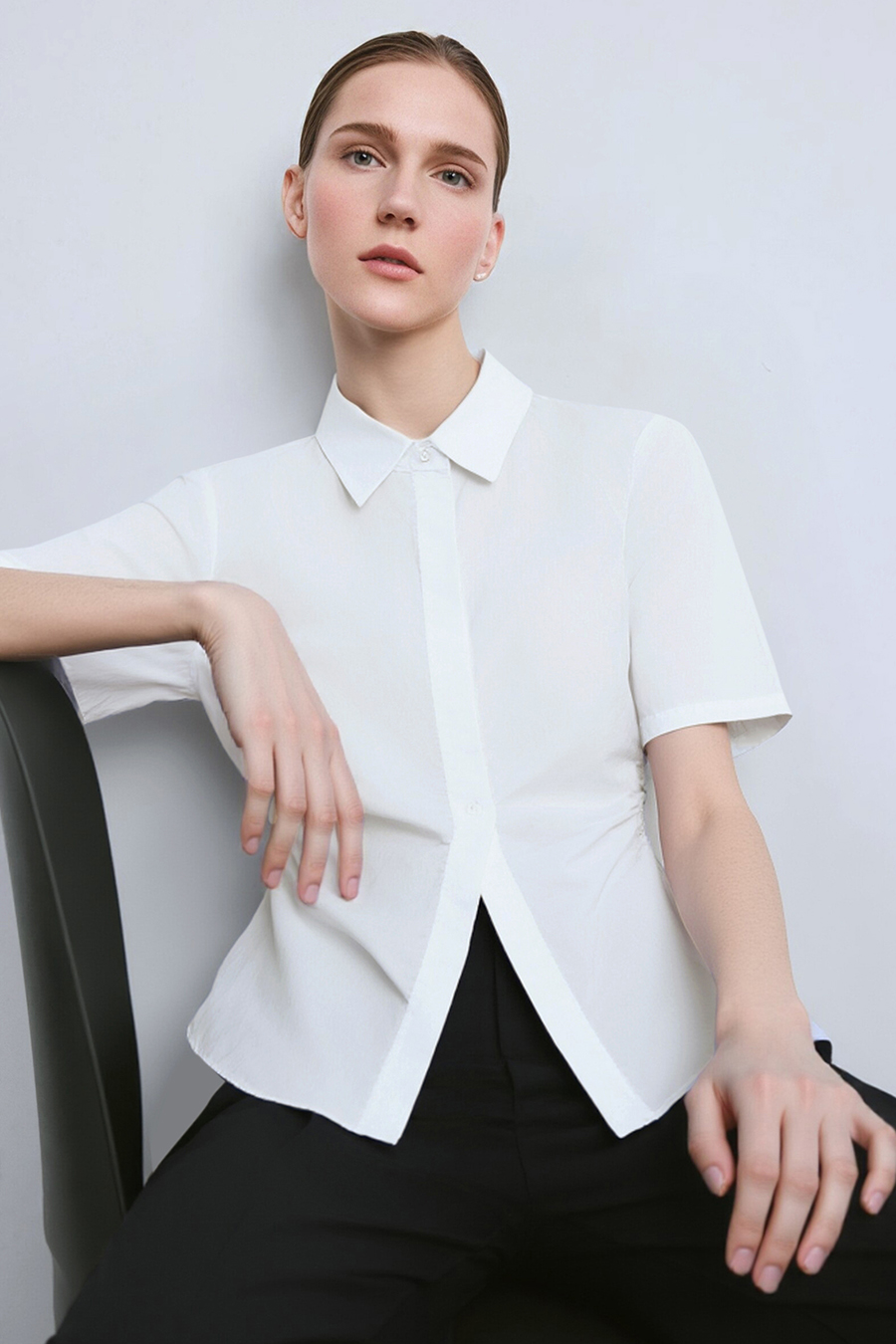 Lapel Ruched Pure Cotton Shirt|AMII
