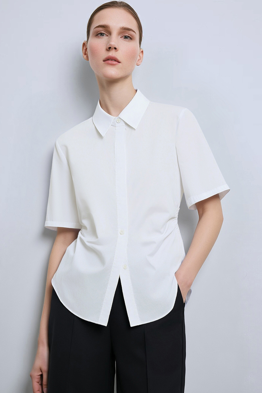 Lapel Ruched Pure Cotton Shirt|AMII