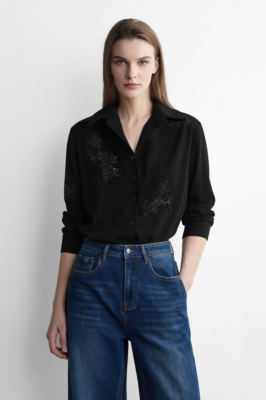 Lapel Sequin Embroidered Blouse | AMII