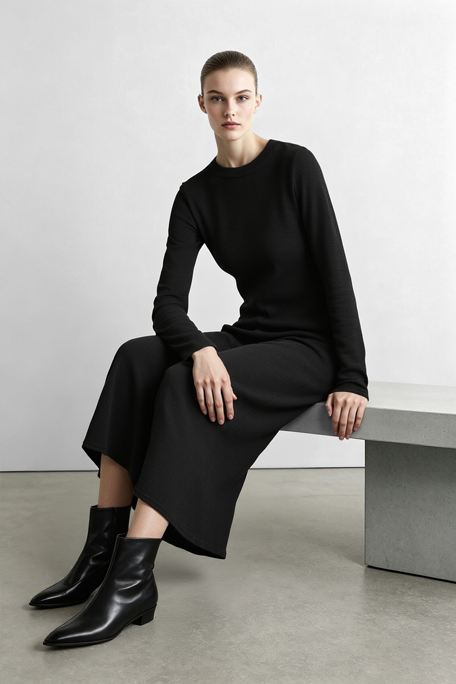 Crew Neck Long Sleeve Dress|AMII
