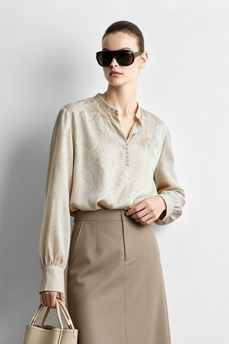 Lace Jacquard Spliced Chiffon Blouse | AMII
