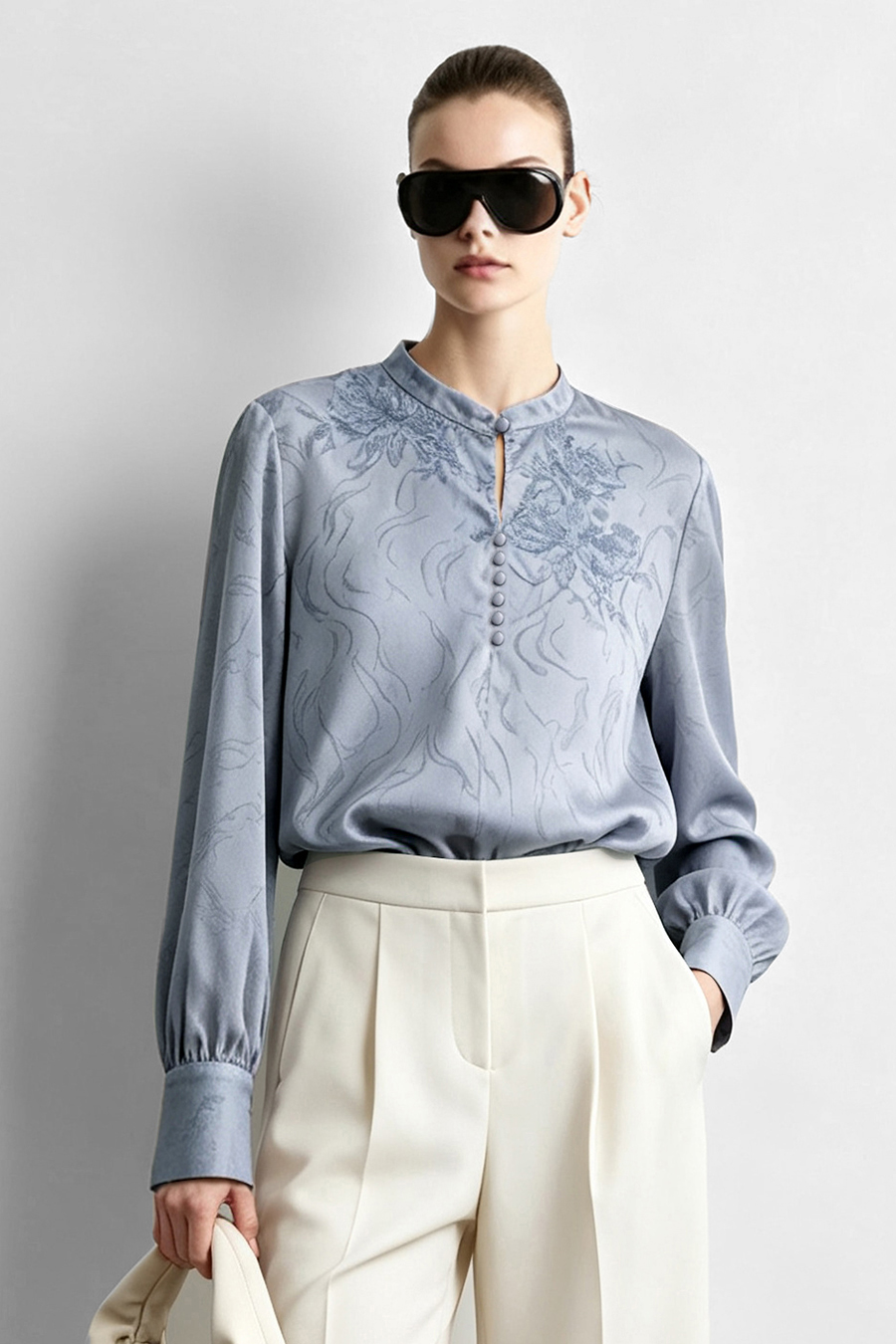 Lace Jacquard Spliced Chiffon Blouse | AMII