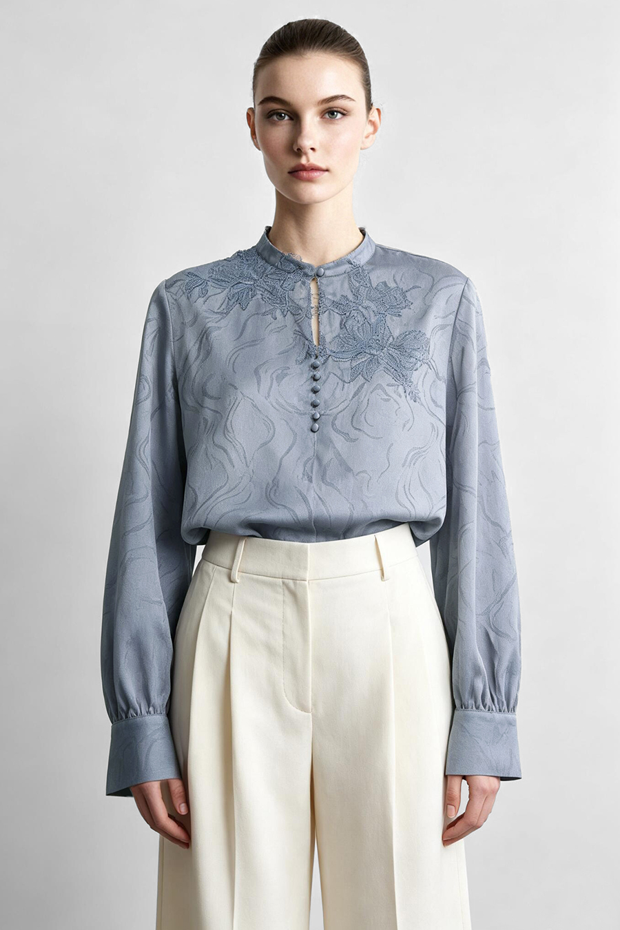 Lace Jacquard Spliced Chiffon Blouse | AMII
