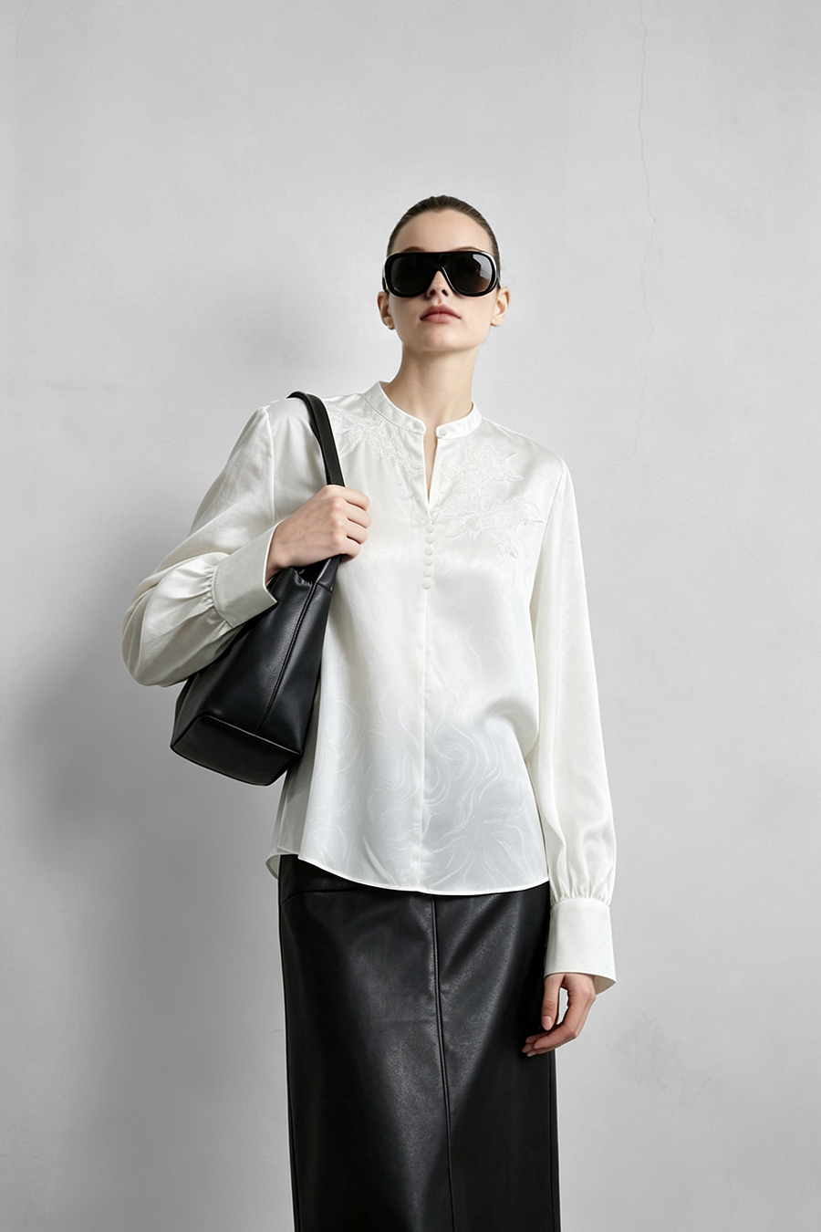Lace Jacquard Spliced Chiffon Blouse | AMII