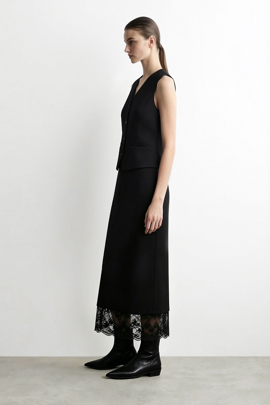 Lace Panel Split Midi Skirt | AMII